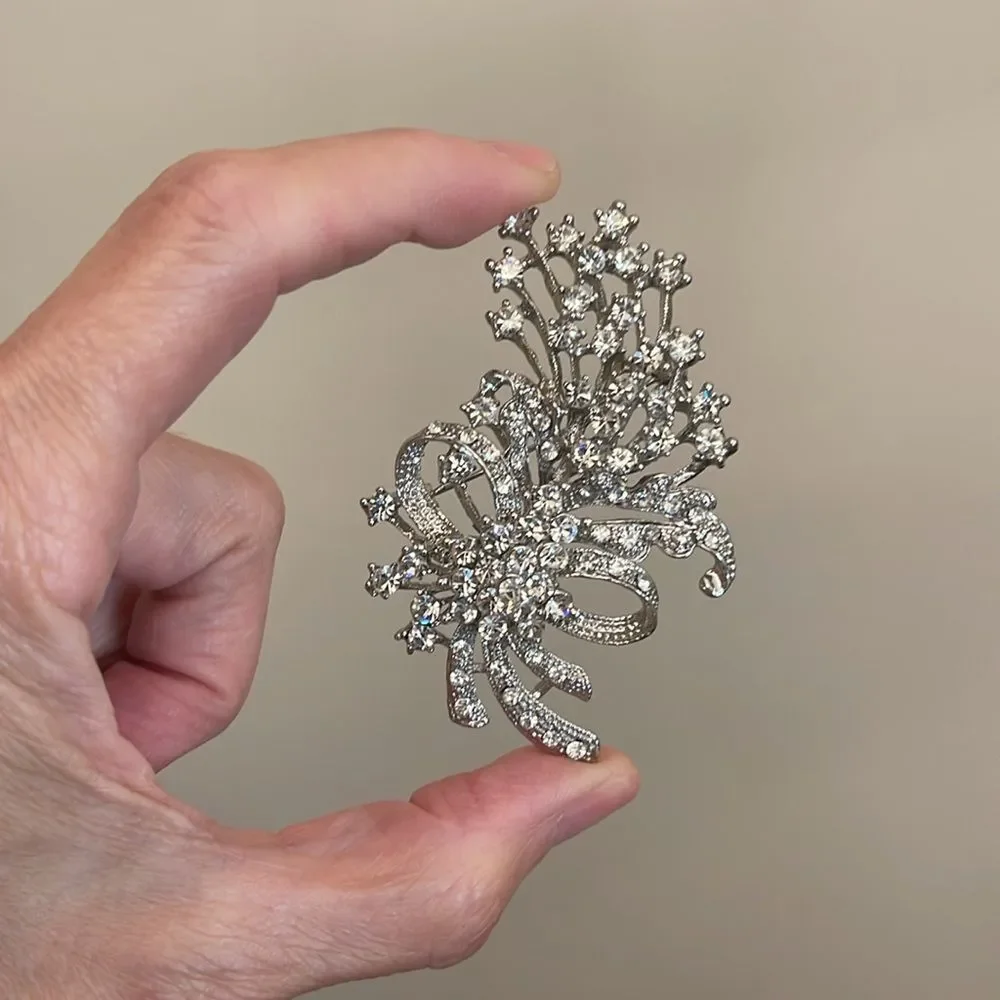 Vintage Silver-tone Rhinestone Floral Spray Floral Arrangement with Bow